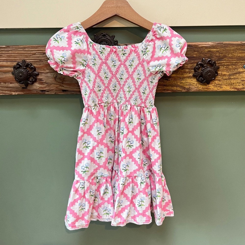 SweetHoney Girls Pink Blue Floral Smocked Puff Sleeve Cotton Dress Pockets Sz 6